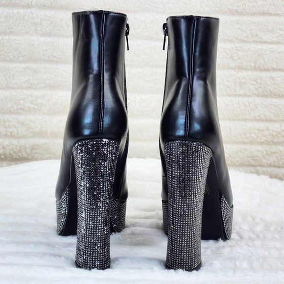 Nikki Black Leatherette Rhinestone Platform Chunky Heel Ankle Boots - Picture 6 of 17